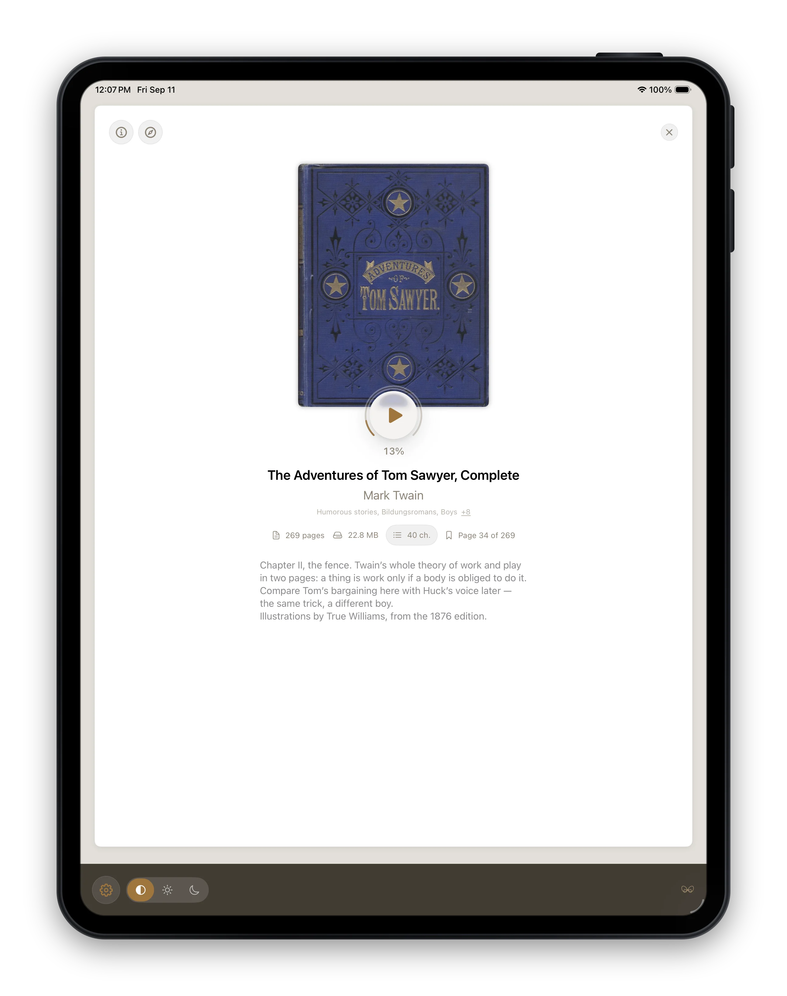 JustReader on iPad: one book on the screen — its cover, progress, and chapters and bookmarks one tap away