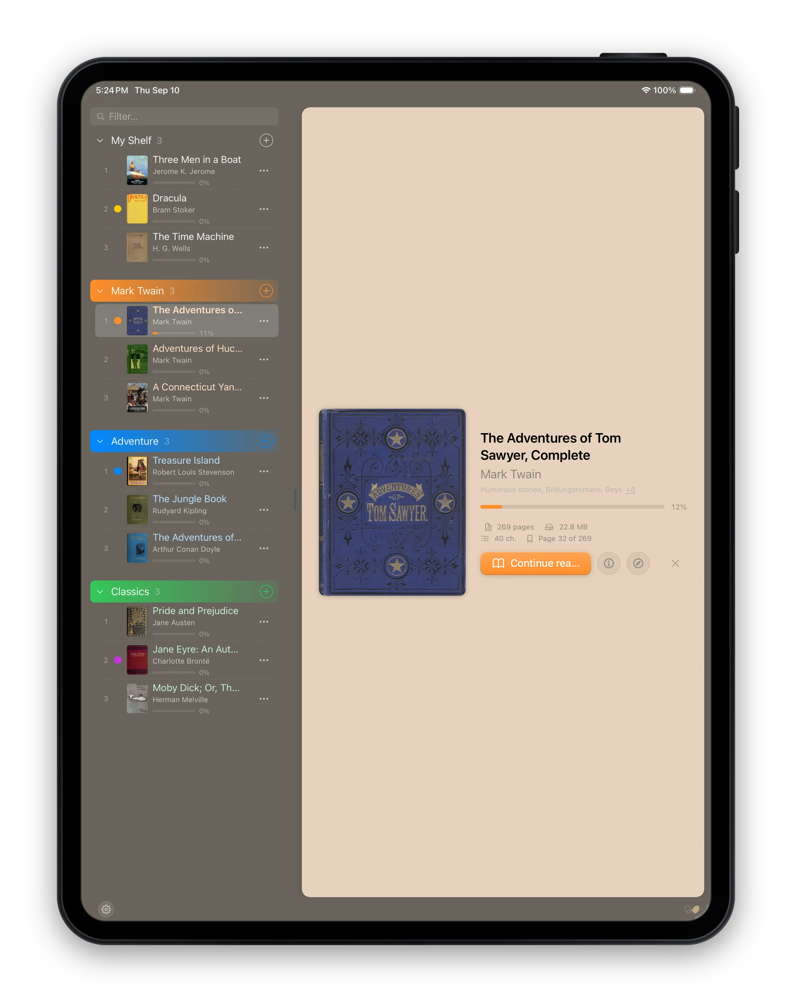 PlainReader on iPad: the shelf down the side in coloured categories, the chosen book open beside it