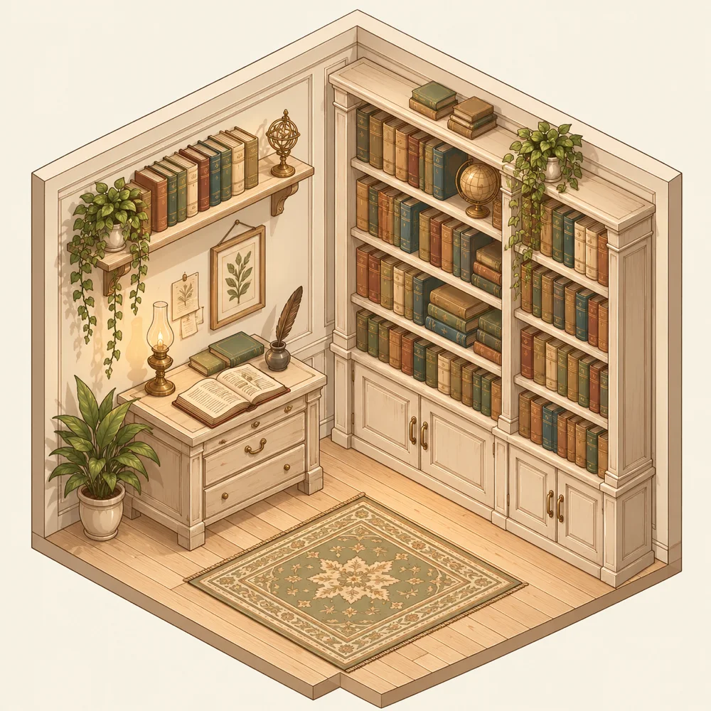 An isometric reading room: one book open on the desk, a shelf of books on the wall, and a full bookcase