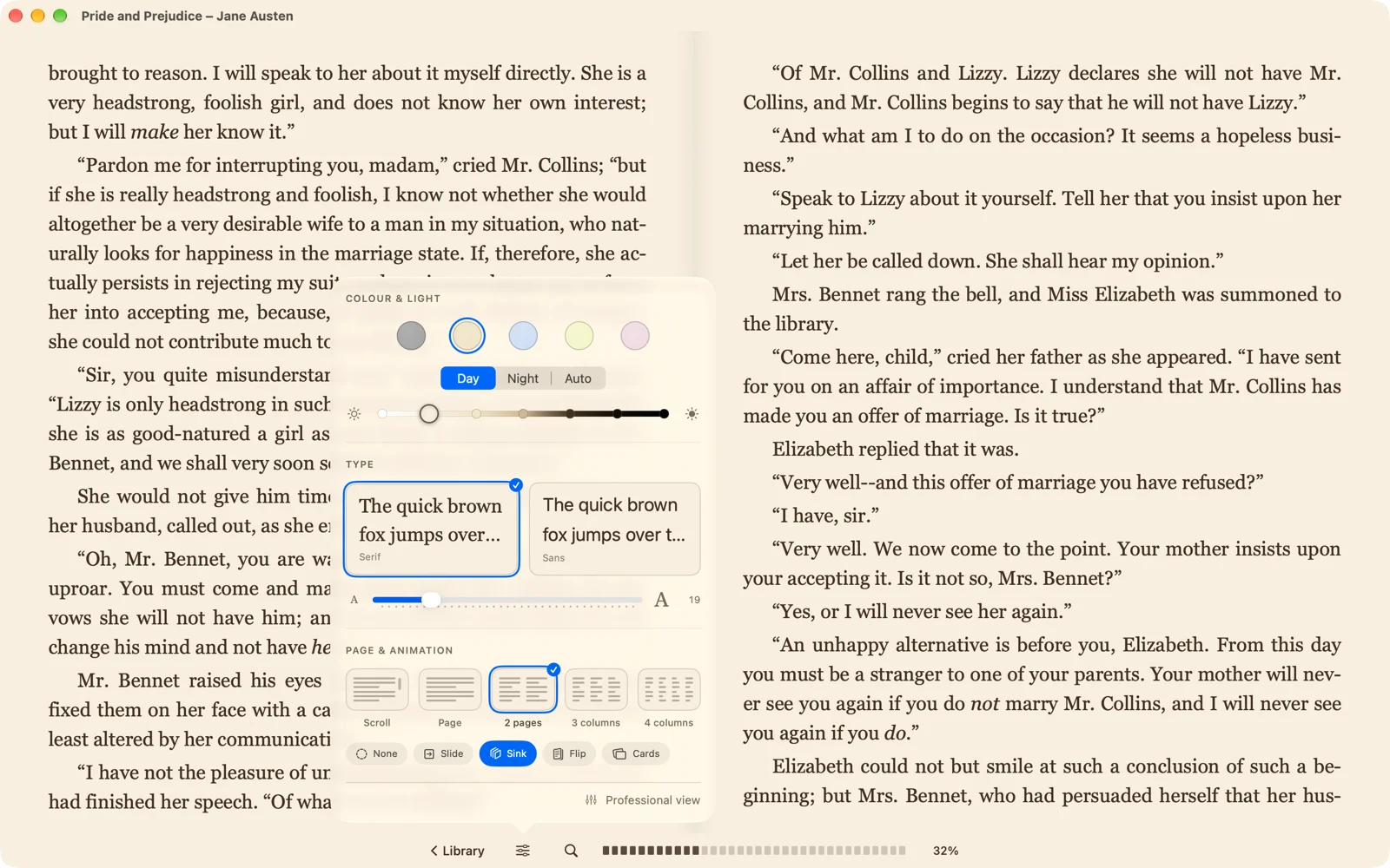 The Comfort reader’s settings: colour and light, type, page and animation