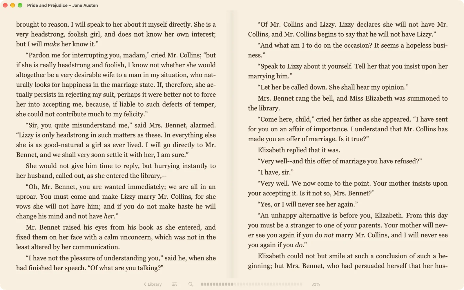 The Comfort reader on the Mac: a two-column spread on sepia paper, one slim bar