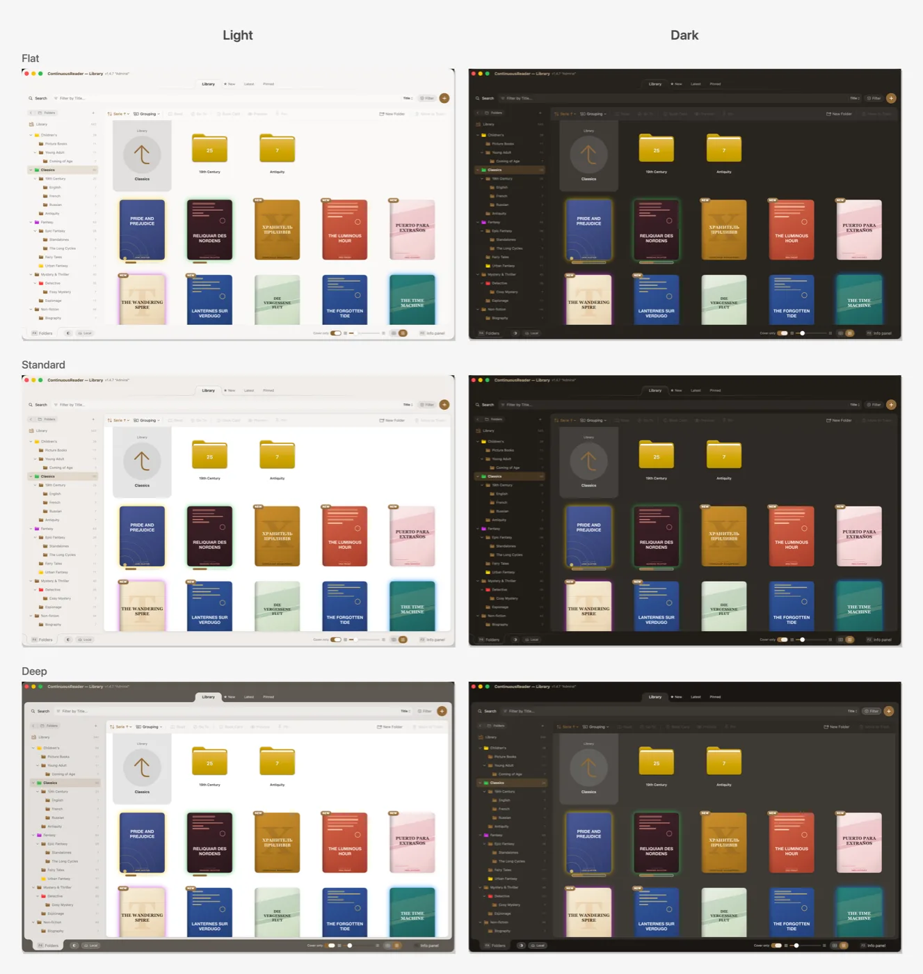 Six Mac windows comparing Flat, Standard, and Deep depth in light and dark appearance