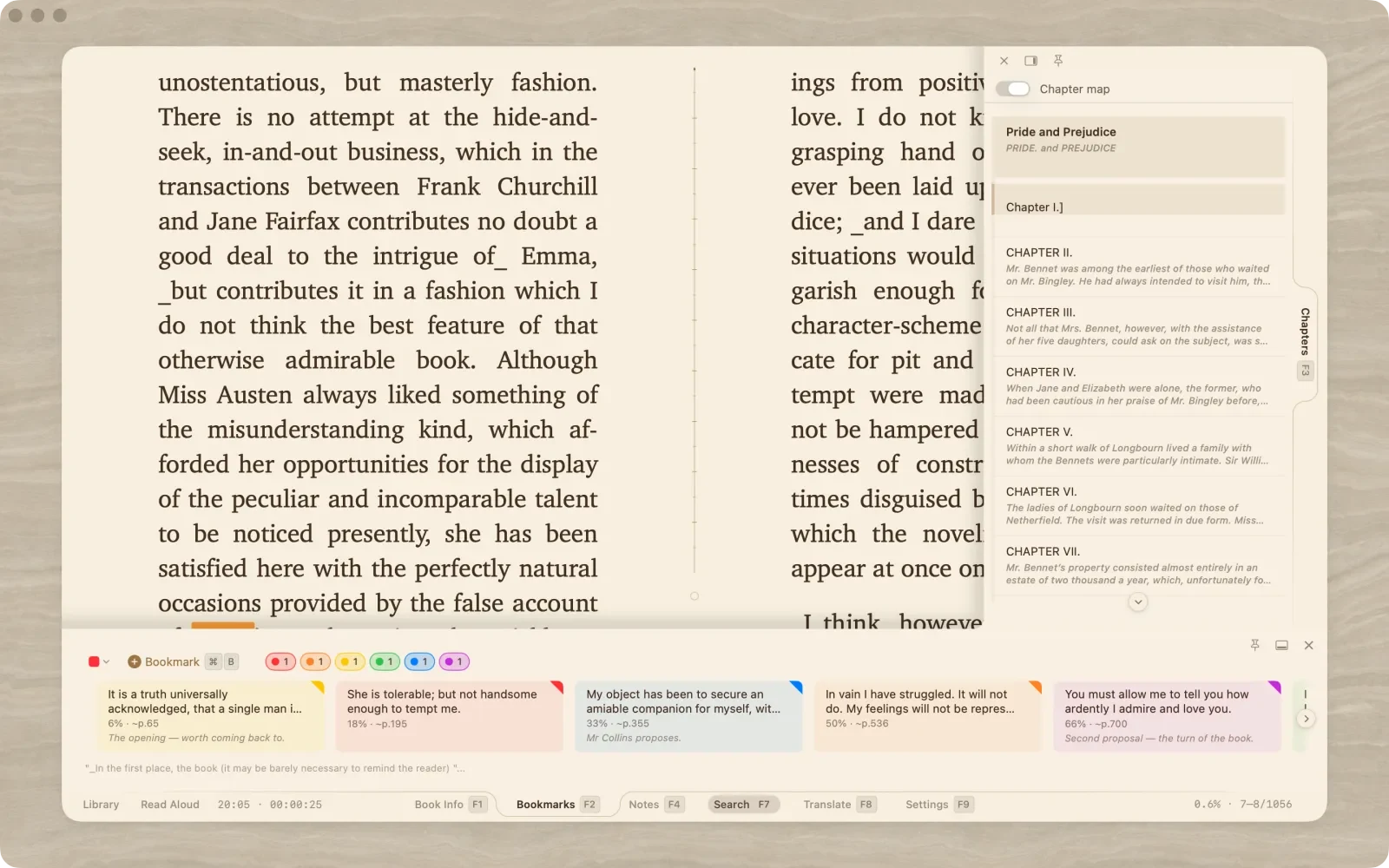 Mac reader with chapters, search and bookmarks docked around the page