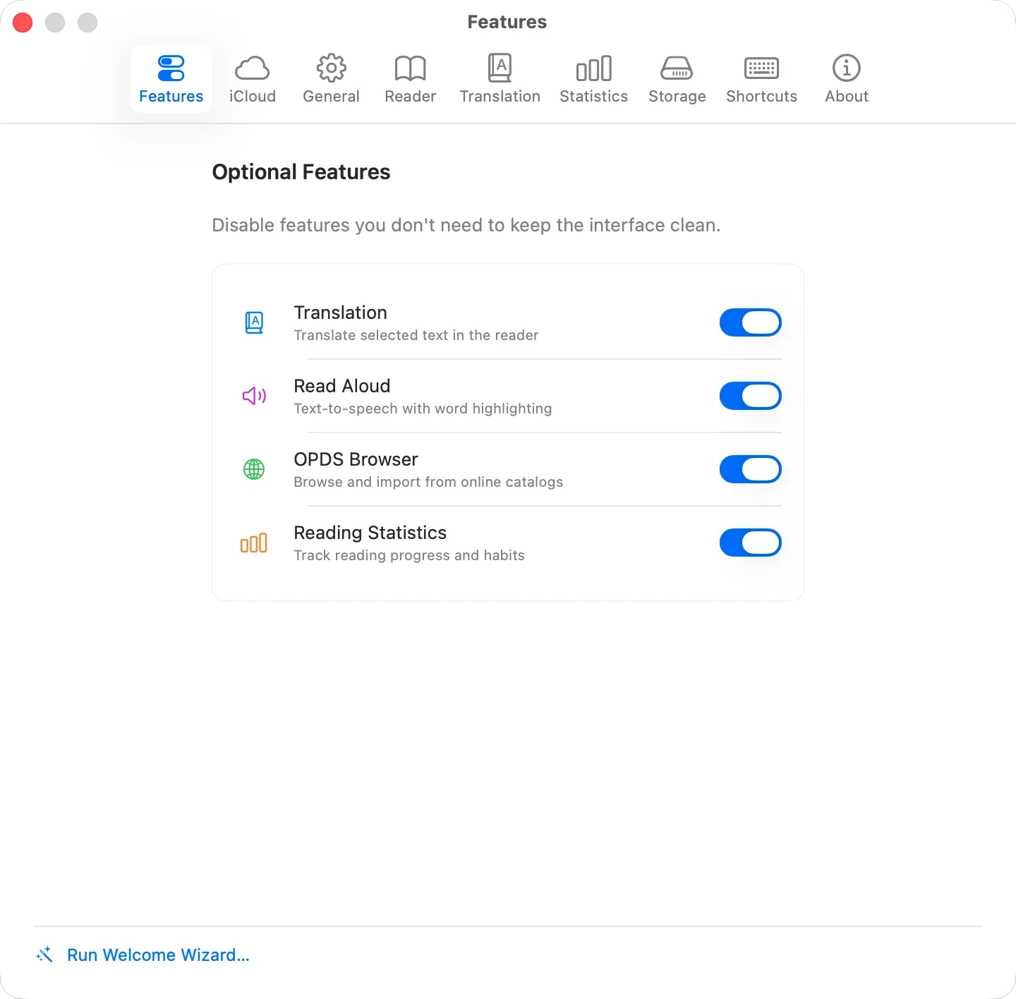 Settings — Features panel with toggle switches