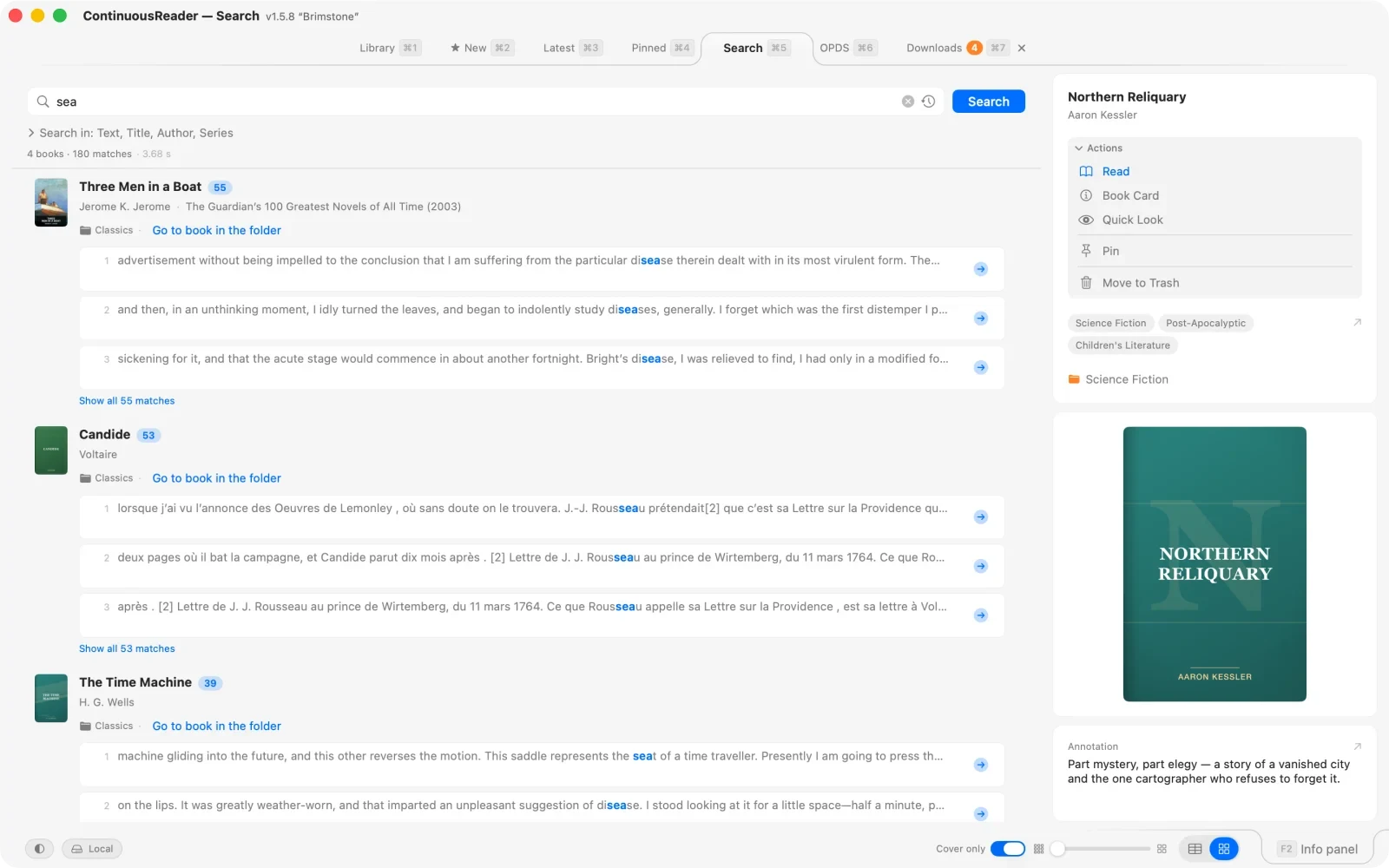 Mac search window with highlighted snippets across three books and jump arrows