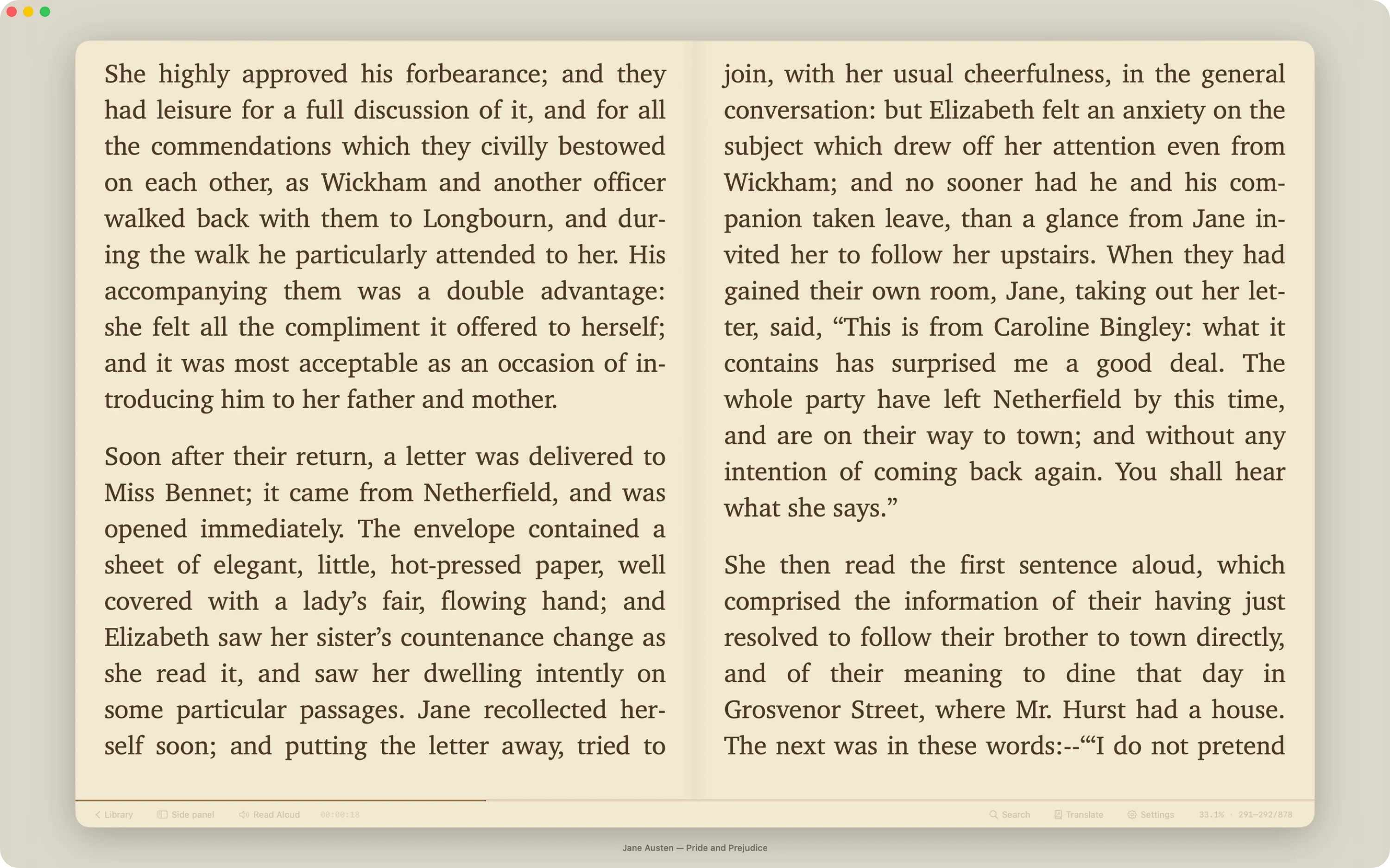 Reader page floating as a sheet on a warm desk with book metadata on the margins