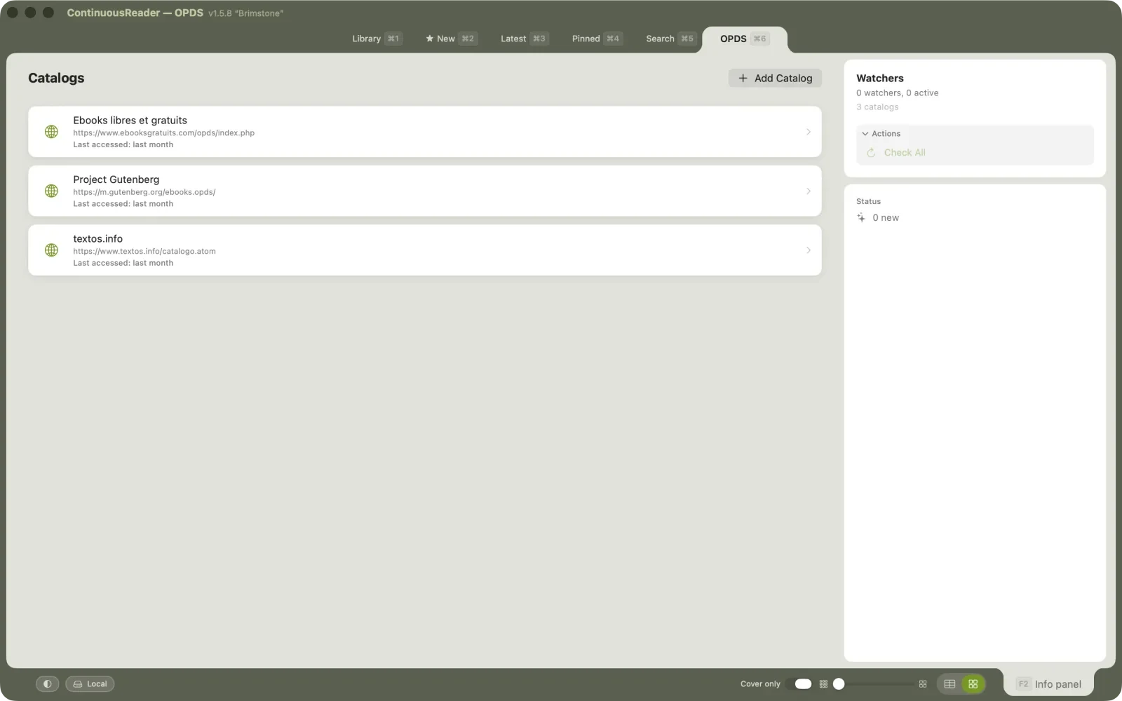 The OPDS tab with a catalog open and its filters