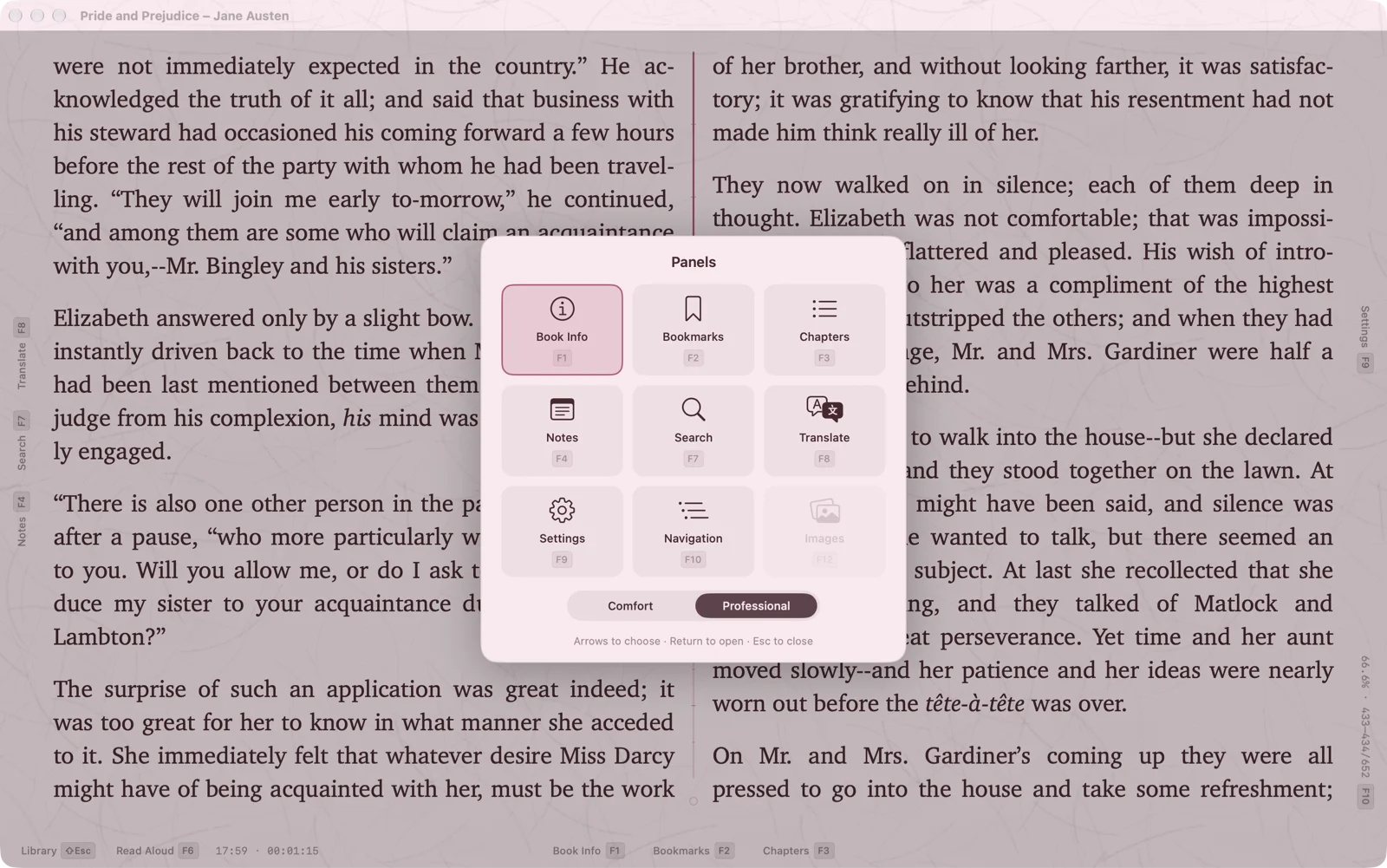 The panel selector over the reader: every panel with its key