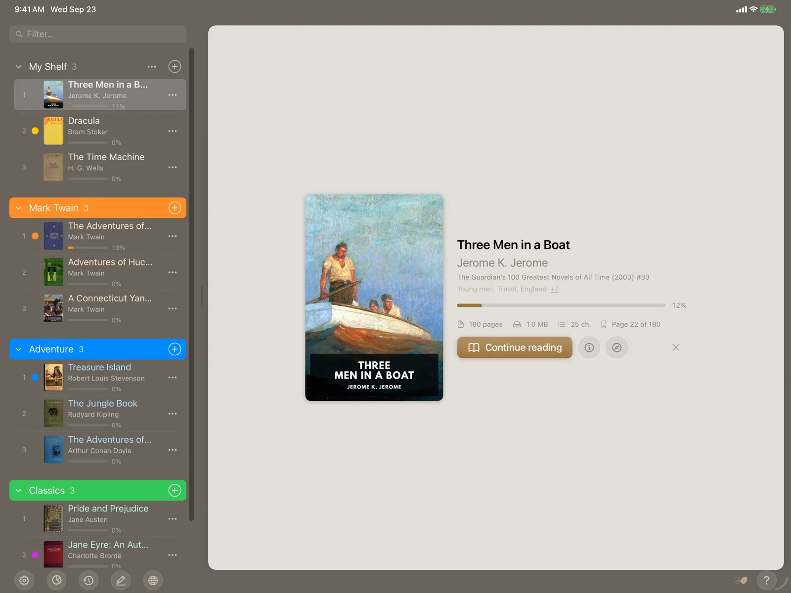 PlainReader on the iPad: the shelf beside the chosen book