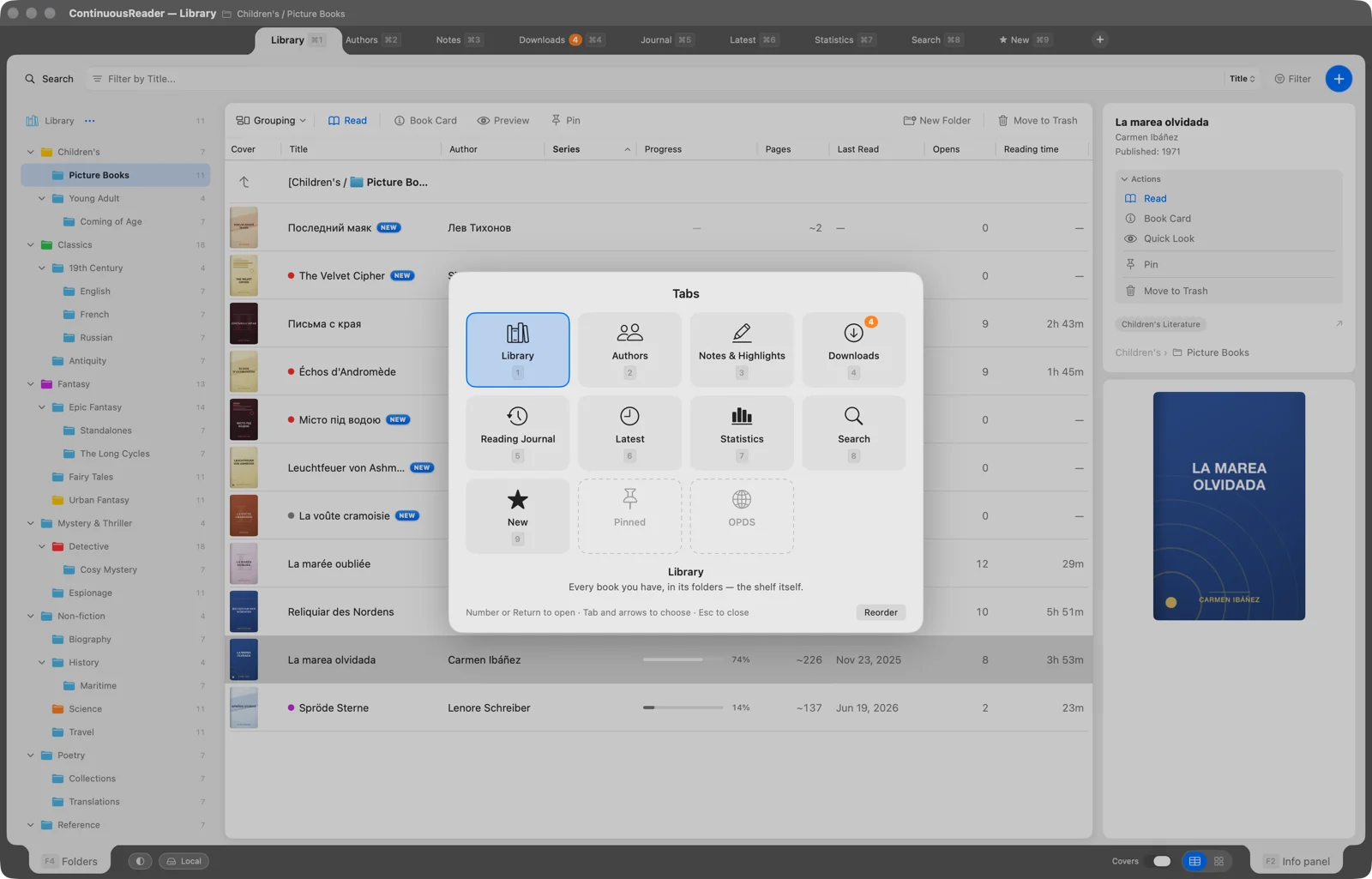 The tab selector over the library: every tab on its own key