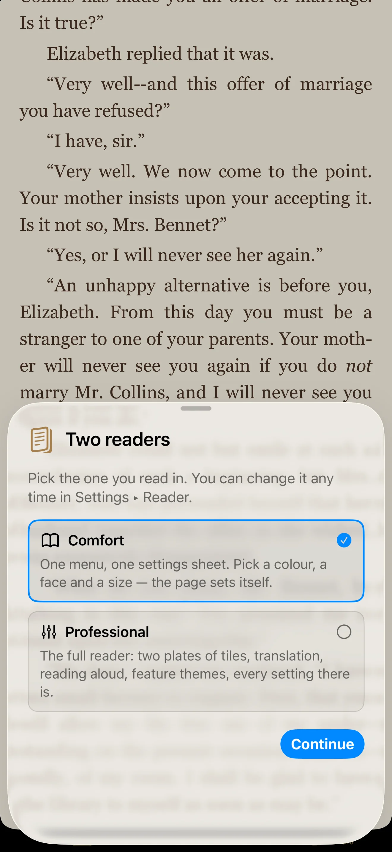 The one-time question on the first book: Two readers — Comfort or Professional