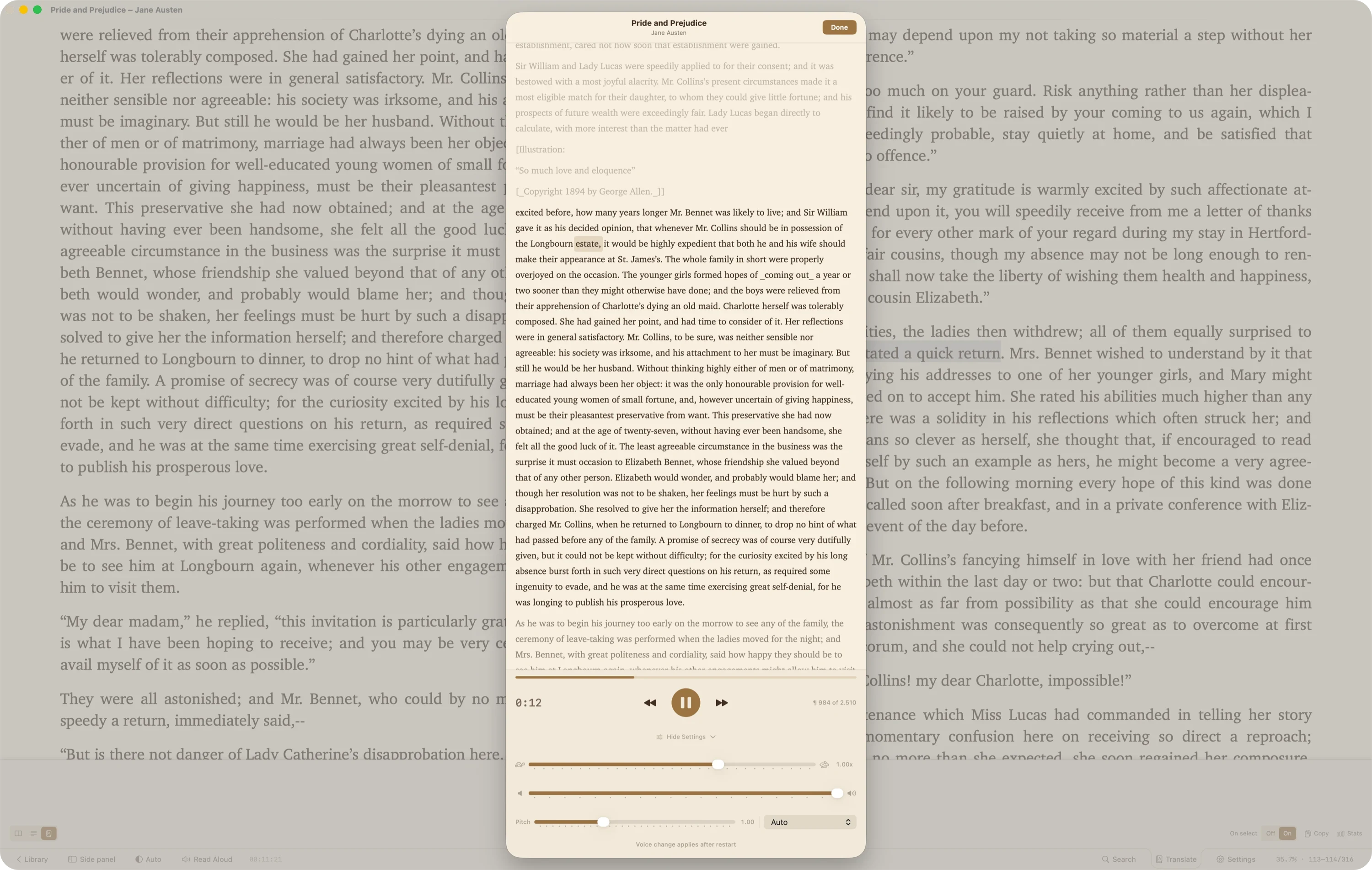 Read Aloud view with scrolling paragraphs, current word highlighted, transport controls