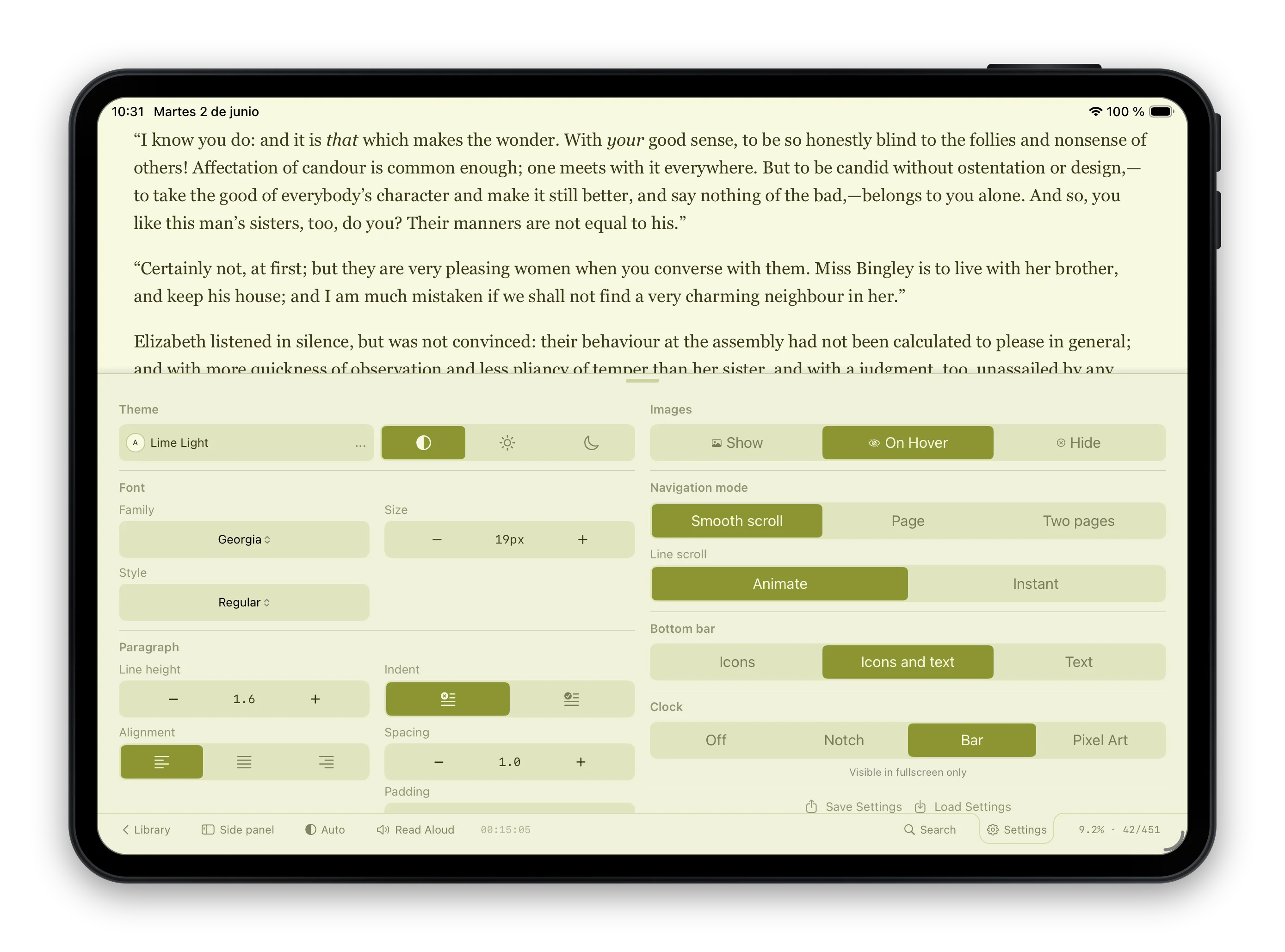 iPad in landscape with the reading settings panel — fonts, size, line height, margins, paragraph spacing, hyphenation, alignment, image display, navigation mode, and fullscreen clock styles