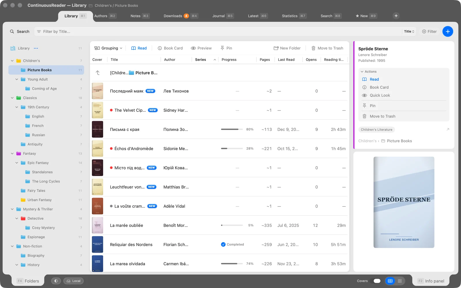 ContinuousReader on the Mac: the library in table view — folder tree, tab row, the info panel with the selected book