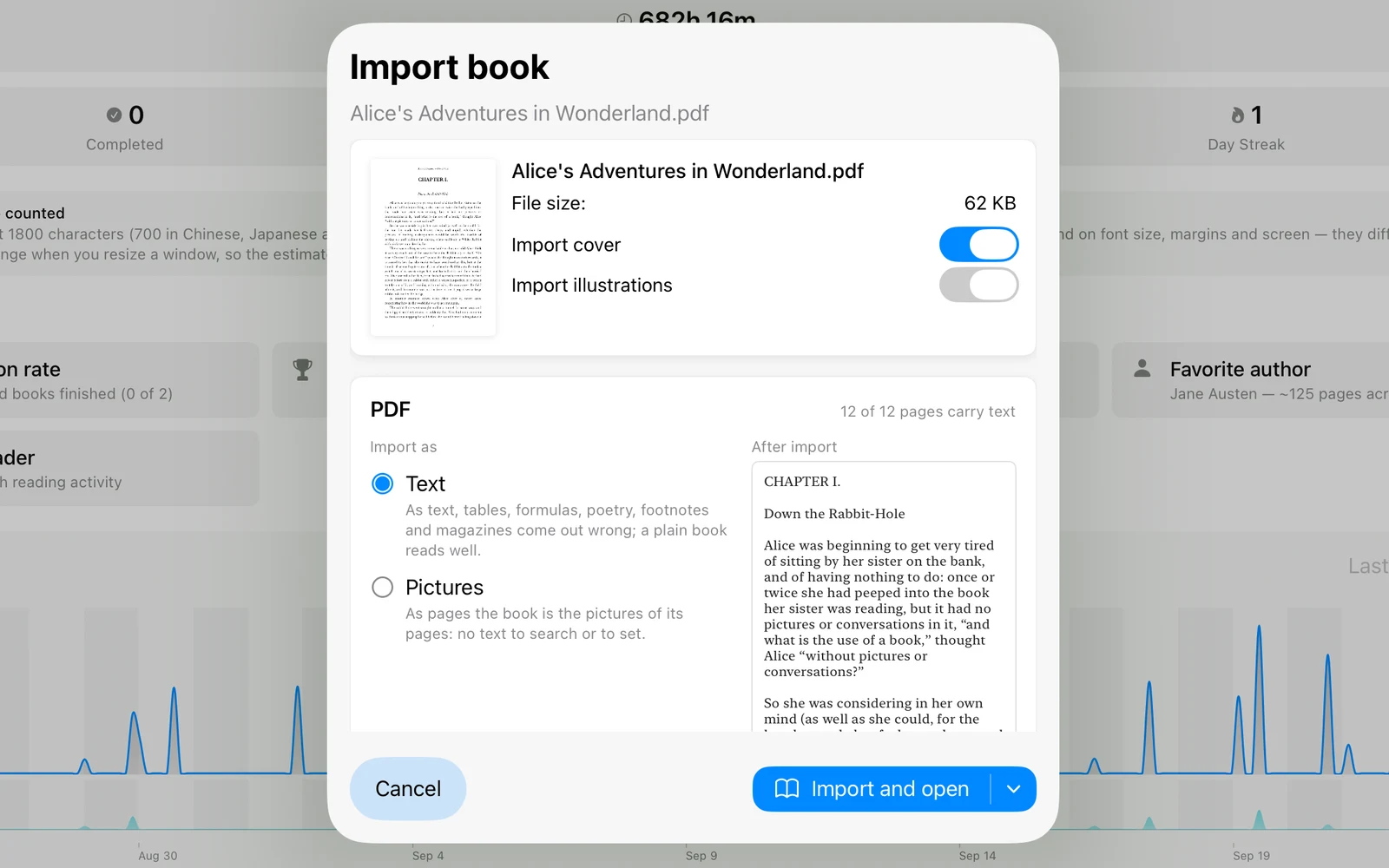 The PDF import wizard: text or pages, and a preview of the book